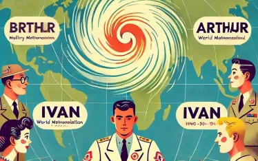 A flat-style illustration showing how names are chosen for hurricanes. In the center, there is a large hurricane symbol with spiraling winds. Around i