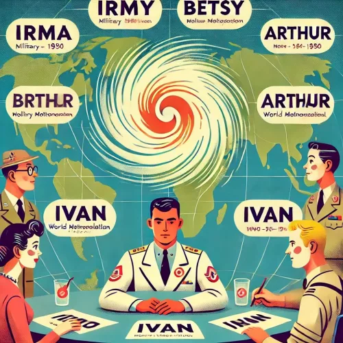 A flat-style illustration showing how names are chosen for hurricanes. In the center, there is a large hurricane symbol with spiraling winds. Around i